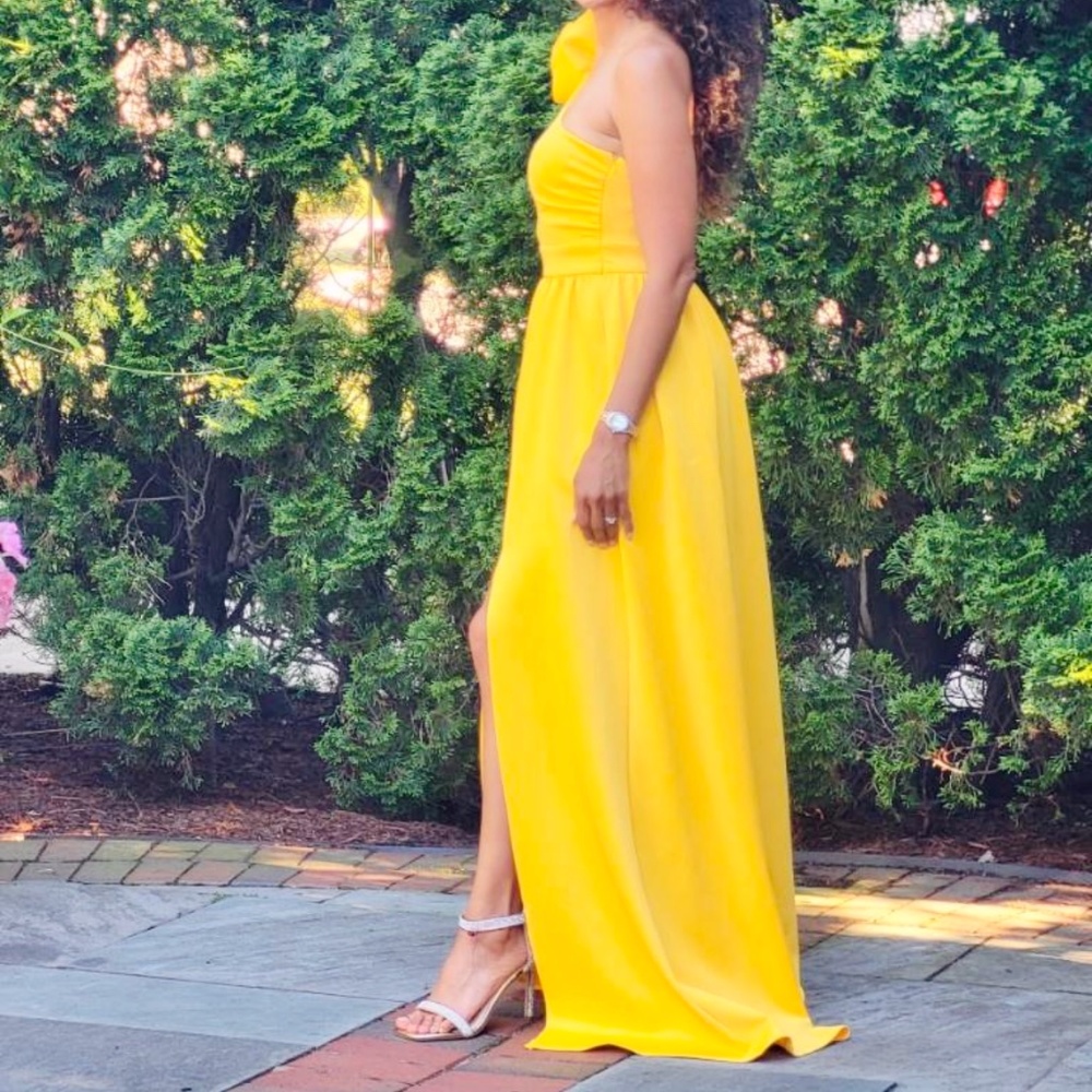 Yellow One Shoulder Cutout Maxi Dress | Floral Detail Formal Gown